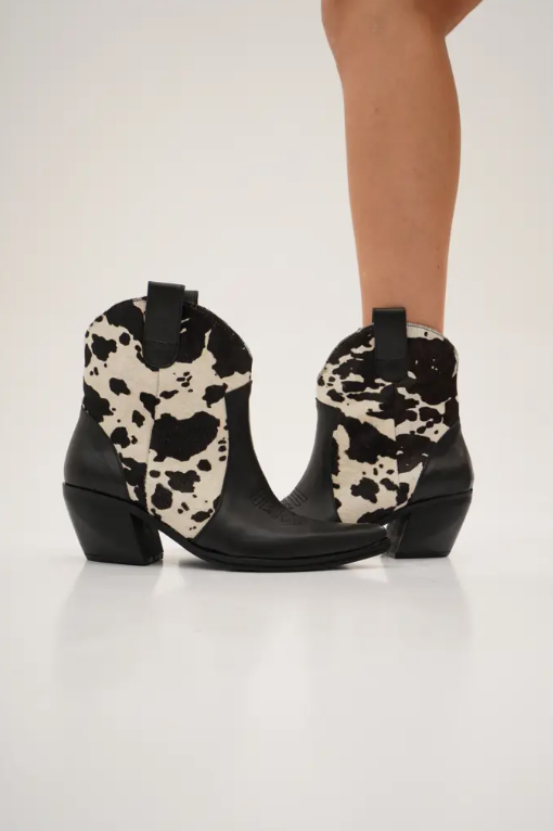 Women's black and white cowhide leather western ankle boots with pointed toe and low wooden heel