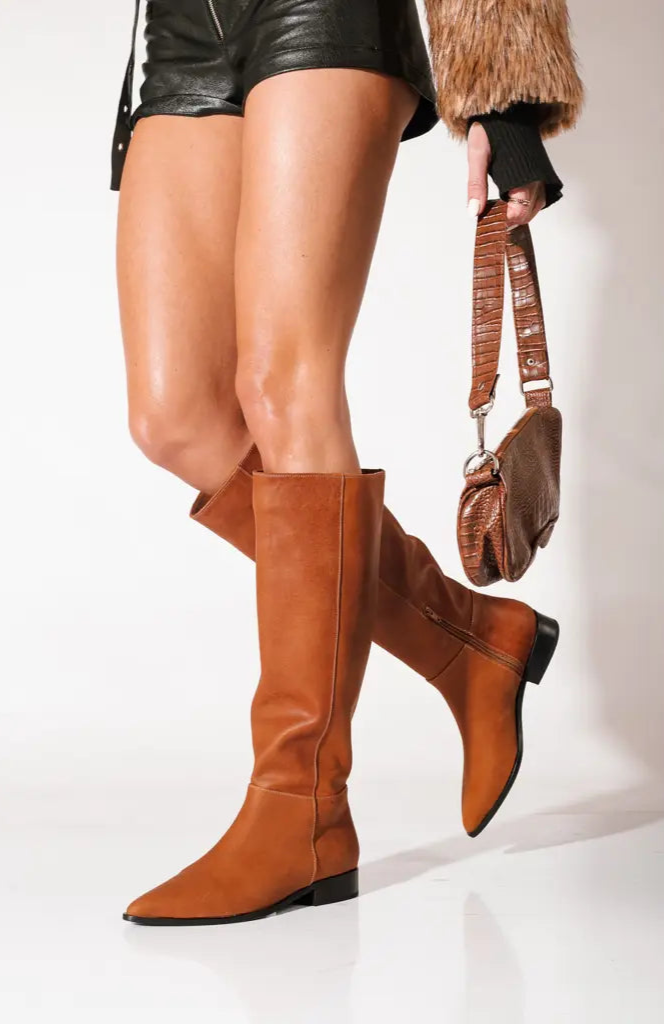 Women's sleek leather knee-high boots with pointed toe and side zipper, minimalist and modern design for everyday or dressy wear